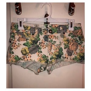 Pink & Green Flower Printed White Jean Shorts.